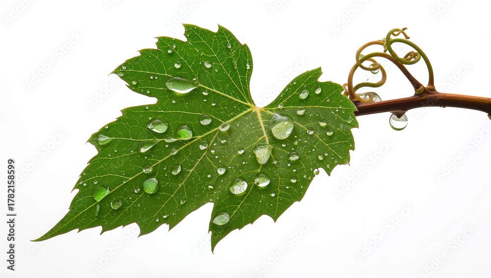 Fototapeta premium Raindrops on green leaf vines against a white background, showcasing freshness and new growth
