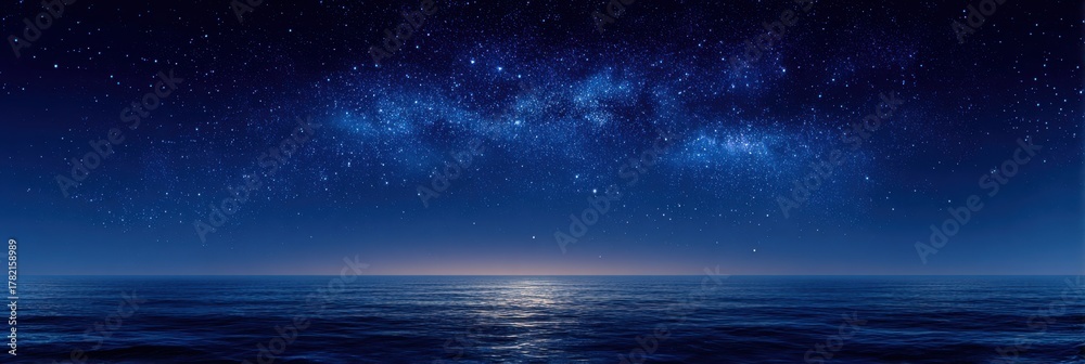 Fototapeta premium Starry night sky over a calm ocean with reflection on water