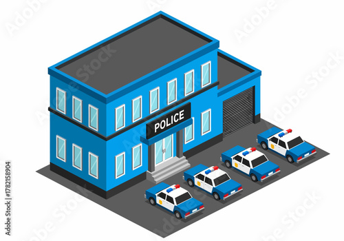 A modern, two-story police station building with four patrol cars parked in a row, depicted in a clean isometric vector illustration style