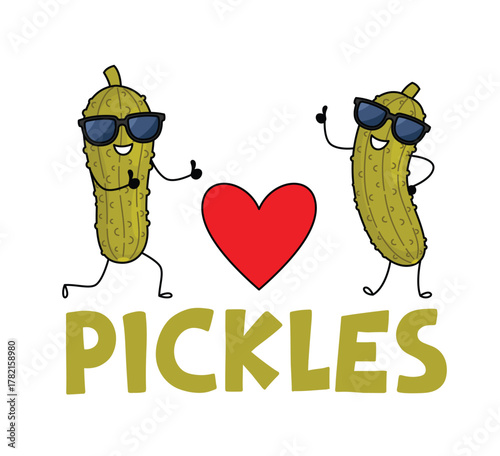Funny pickle characters in sunglasses showing love to pickles. Cute pickled cucumber character design. Food vector illustration