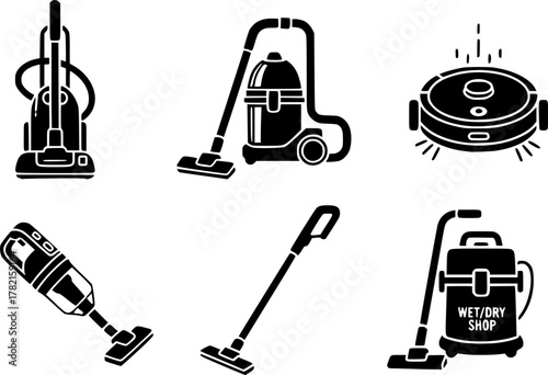 vacuum cleaners, black silhouettes, various models