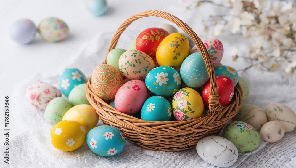 Fototapeta premium Colored Easter eggs nestled in a basket against a white backdrop, seasonal holiday theme