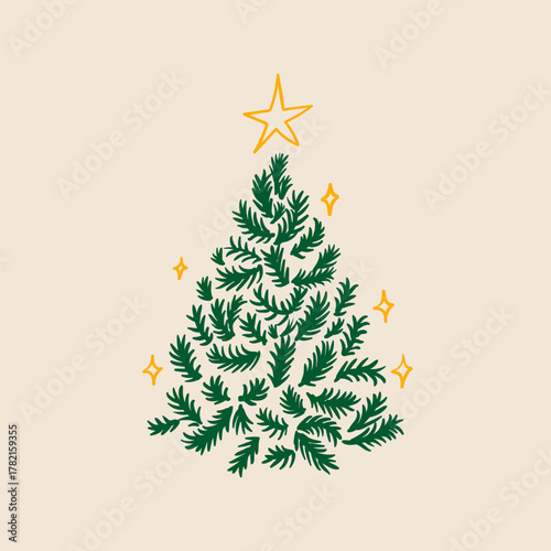 Holiday christmas tree with stars. Hand drawn vector minimalist illustration. Elegant clipart for greeting cards and invitations
