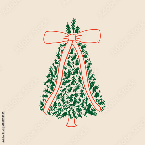 Vintage minimalist christmas tree with big red bow. Hand drawn vector illustration in coquette aesthetic. Holiday clipart for greeting cards and invitations
