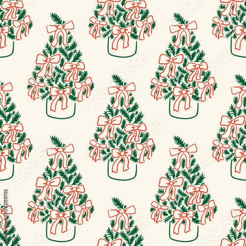 Holiday elegant hand drawn seamless pattern with christmas trees and red bows. Minimalist vector line background. Vintage coquette aesthetic
