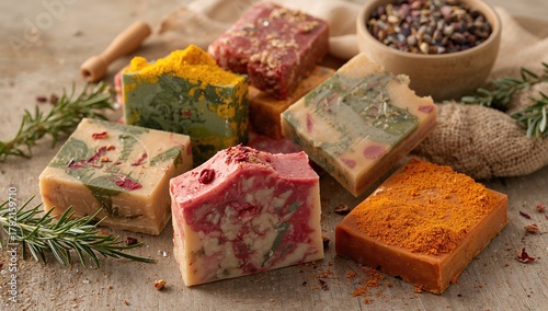 Fototapeta Naklejka Na Ścianę i Meble -  Artisan vegan soap bars blended with organic herbs and spices