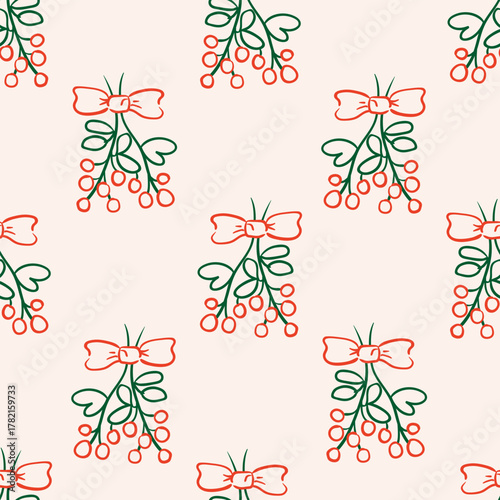 Holiday elegant hand drawn seamless pattern with mistletoe branches and bows. Vintage christmas vector background. Line minimalist illustration