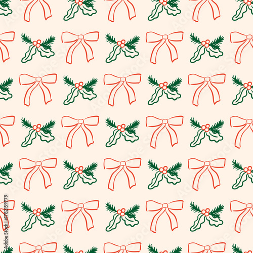 Holiday elegant hand drawn seamless pattern with red bows and mistletoe branches. Vintage minimalist christmas vector background