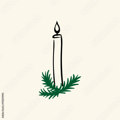 Hand drawn vector illustration of candle with fir branches on isolated background. Christmas holiday clipart in vintage style
