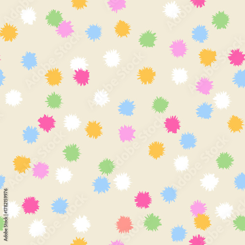 Seamless pattern with colorful confetti spiky dots. Fun and playful vector holiday background. Celebration, birthday concept