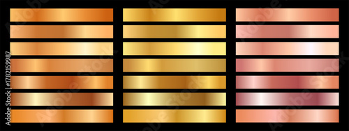 Collection of shiny, metallic dark, yellow and rose gold steel gradient swatches vector illustration