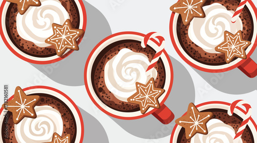 Overhead view of festive hot chocolate mugs with whipped cream and gingerbread cookies
