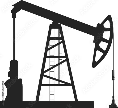Oil pumpjack silhouette vector illustration showing industrial crude extraction machinery, energy production equipment, petroleum industry symbol for stock content