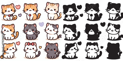 Set of cute cat vectors and shilhouttes on a white background
