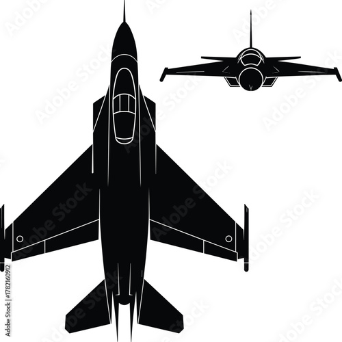 Military fighter jet silhouette vector illustration showing top and front views, aviation aircraft design, warplane graphic, aerospace engineering concept art
