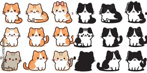 Set of cute cat vectors and shilhouttes on a white background