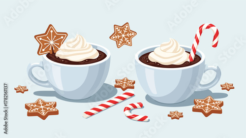 Two cups of hot chocolate with whipped cream and gingerbread cookies