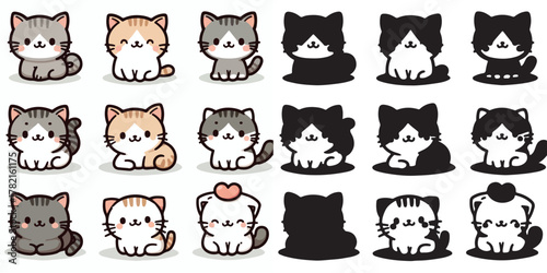 Set of cute cat vectors and shilhouttes on a white background