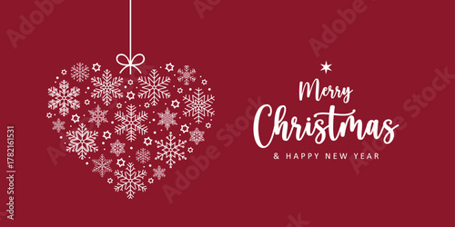 merry christmas greeting card with heart made of snowflakes vector illustration