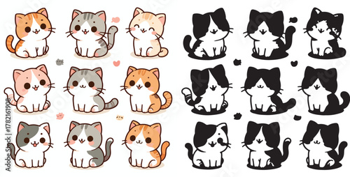 Set of cute cat vectors and shilhouttes on a white background