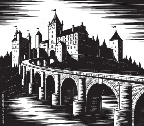 A striking black and white illustration depicts a grand castle perched atop a hill, accessed by a stone bridge with multiple arches over water.