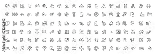Line icons about action plan. Contains such icons as search strategy, target, scheme, timeline and workflow.Action plan set of web icons in line style. Strategy action planning icons.