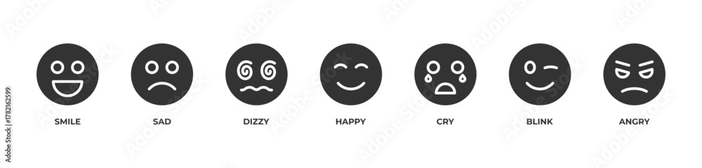 Fototapeta premium Feel It Icons set vector illustration glyph with Smile, Sad, Dizzy, Happy, Cry, Blink, Angry