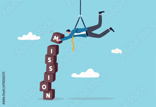 Business mission, leadership skill to achieve target and overcome work obstacle or motivation to do impossible thing concept, skillful businessman hanging from above manage to complete mission blocks.
