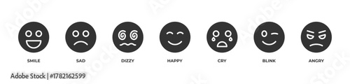 Feel It Icons set vector illustration glyph with Smile, Sad, Dizzy, Happy, Cry, Blink, Angry