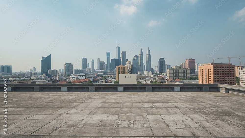 Obraz premium Panoramic view of a city skyline from a rooftop deck during daylight, showcasing urban luxury and corporate lifestyle