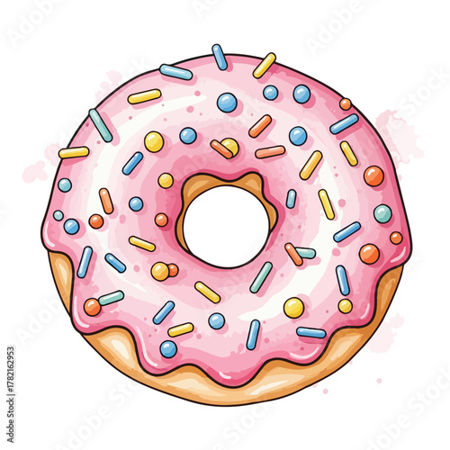 Vector Illustration of Donut with Pink Glaze and Colorful Sprinkles in Modern Cartoon Style