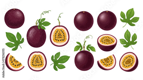 A collection of realistic purple passion fruits, shown whole, halved, and sliced with green leaves on a transparent background.