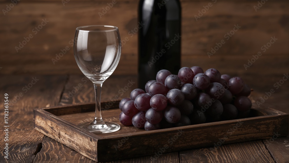 Naklejka premium Empty glass with grapes resting on a rustic wooden tray, suitable for a wine tasting event