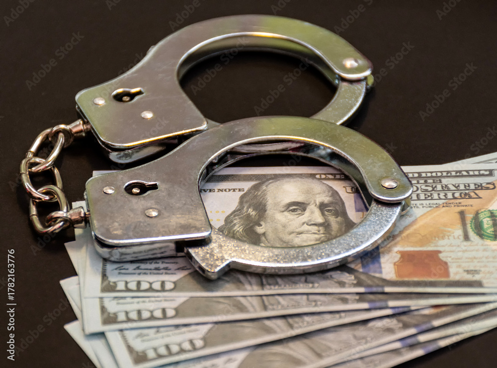Obraz premium Metal handcuffs and rifle bullets with dollar banknotes symbolizing crime power and corruption