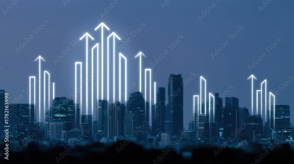 Fototapeta premium Urban Skyline with Arrows Indicating Growth and Progress at Dusk in a Modern Cityscape