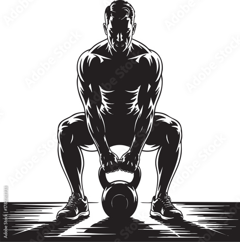 A powerful, silhouetted figure of a man performing a kettlebell deadlift with intense focus and muscular definition against a stark white background.