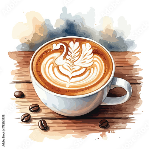 Minimalist Vector Illustration of Coffee Cup with Latte Art in Warm Brown and Cream Colors in Modern Organic Style
