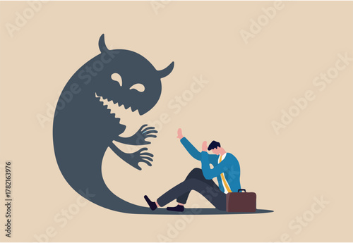 Fear, anxiety or panic attack, afraid of mistake, scared or nightmare suffering, depression or dread, worry or trouble causing distraught concept, fearful businessman afraid of evil monster shadow.