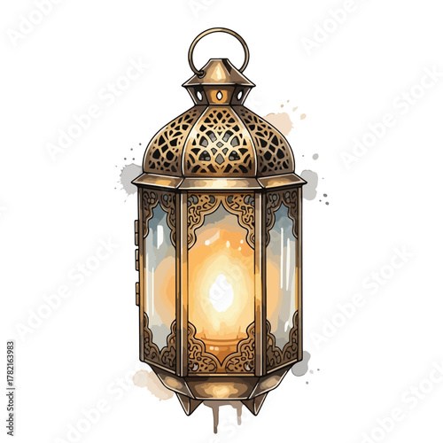 Vector Illustration of Ornate Lantern with Warm Light in Vintage Style Featuring Intricate Metalwork and Glass Panels