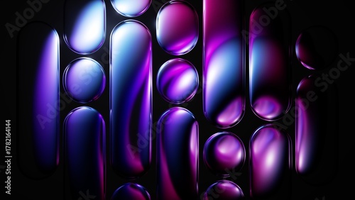 Wallpaper Mural Abstract bubbles with glossy purple, blue, and black gradient lighting on a dark background. 3d render illustration. Torontodigital.ca