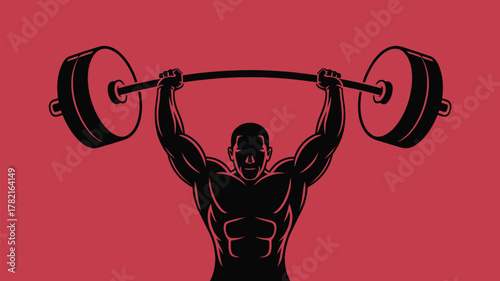 Powerful muscular man lifting heavy barbell overhead, showcasing strength and fitness against a vibrant red backdrop for gym and athletic concepts