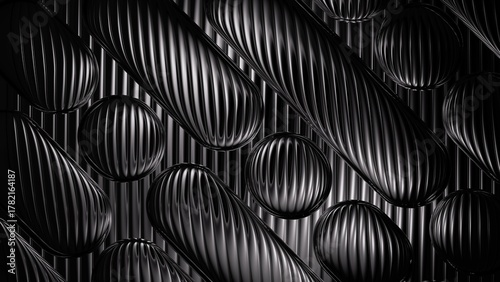 Photos Modern black bubbles intersected by sharp diagonal grooves, creating a futuristic grid