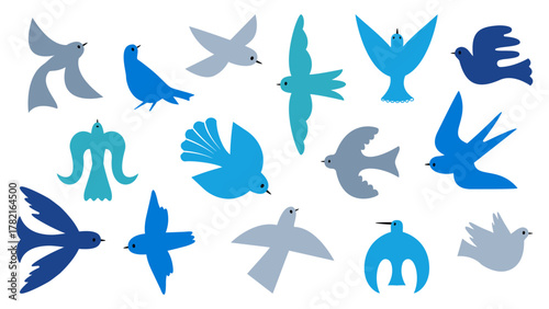 Simple birds silhouettes. Modern art style flying bird, dove and swallow. Minimalistic style pigeon, decorative scandinavian folk nowaday vector set