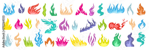 Hand drawn fires. Colored pencil fire flames, children style drawing elements. Campfires, heat or hot symbols. Chalk doodle neoteric vector clipart