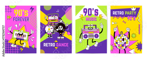 Music retro groovy banners. 80s 90s vibrant poster with cute characters, disco ball, vinyl record, cassette. Nostalgia party neoteric vector template