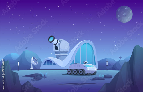 Space station on planet in universe. Cosmic futuristic city, astronomical scientific research. Observatory with telescope, planet rover, sapid vector scene