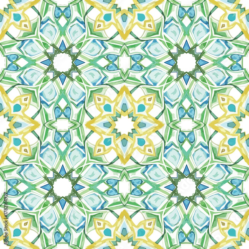 Geometric Vector Pattern with Floral Elements in Modern Organic Style Featuring Blue Green Yellow Colors for Textile and Wallpaper Design