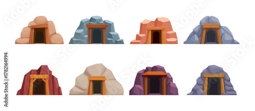 Mine entrances in mountains. Entrance openings with wooden arches, fortifications against falling rocks. Cartoon tunnels caverns or caves, sapid vector set