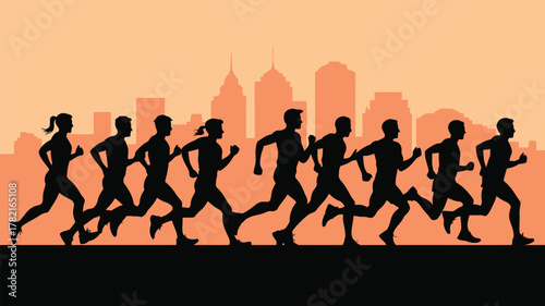 Dynamic silhouette of runners training for marathon against a skyline, promoting fitness, wellness and urban lifestyle with a vibrant, active community