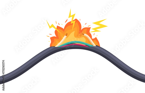 Electrical short circuit background. Burning uninsulated cable, household office power grid failure. Damaged wire with fire flame, sapid vector element